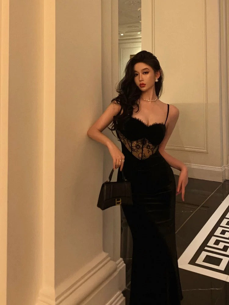 Sexy Sheath Spaghetti Straps Sleeveless Black Velvet Prom Dresses Birthday Outfits
