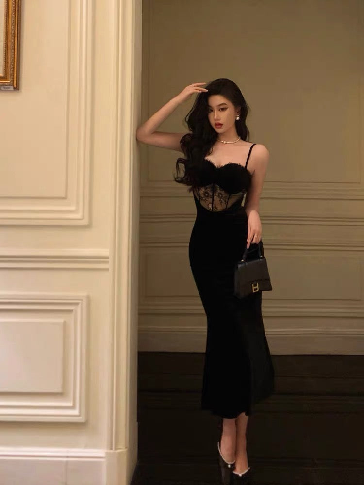 Sexy Sheath Spaghetti Straps Sleeveless Black Velvet Prom Dresses Birthday Outfits