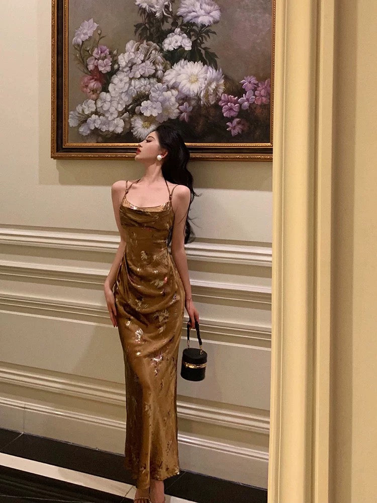 Sexy Sheath Halter Sleeveless Gold Floral Satin Prom Dresses Birthday Outfits