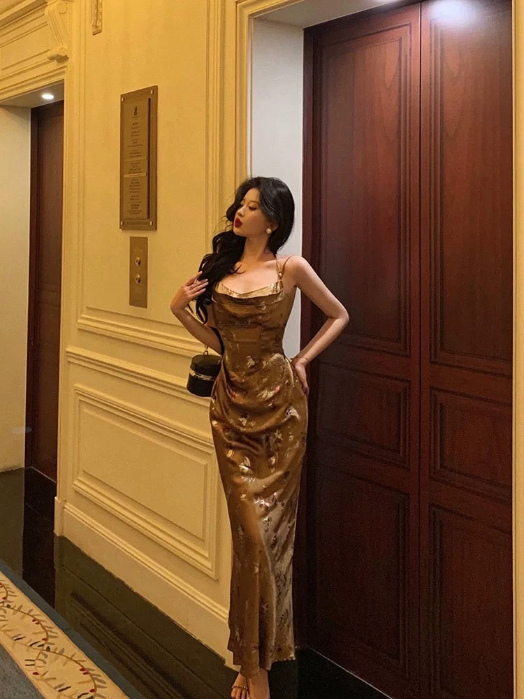 Sexy Sheath Halter Sleeveless Gold Floral Satin Prom Dresses Birthday Outfits