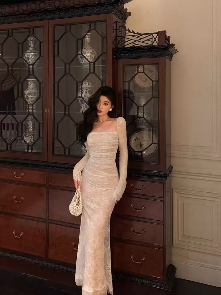 Gorgeous Sheath Square Neckline Long Sleeves Date Night Dress White Lace Prom Dresses Birthday Outfits
