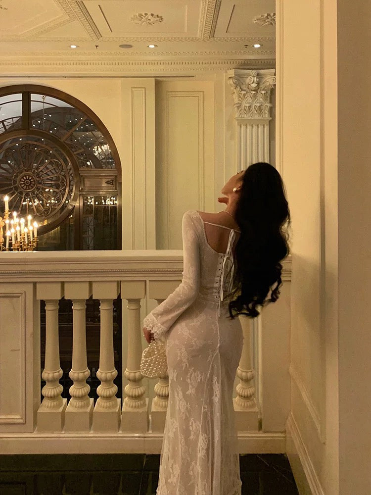 Gorgeous Sheath Square Neckline Long Sleeves Date Night Dress White Lace Prom Dresses Birthday Outfits