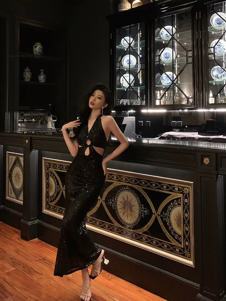 Sexy Sheath V neckline Sleeveless Black Sequin Prom Dresses Birthday Outfits