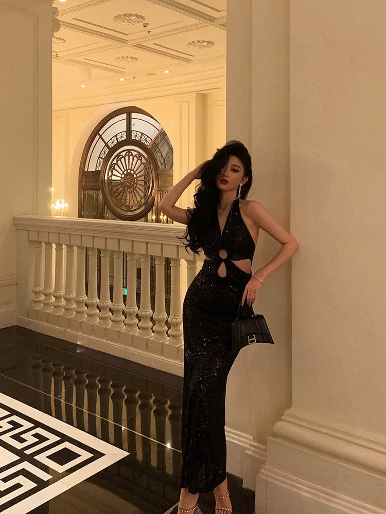 Sexy Sheath V neckline Sleeveless Black Sequin Prom Dresses Birthday Outfits