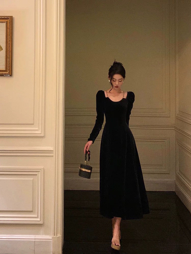Sexy A line Straps Long Sleeves Black Velvet Prom Dresses Birthday Outfits