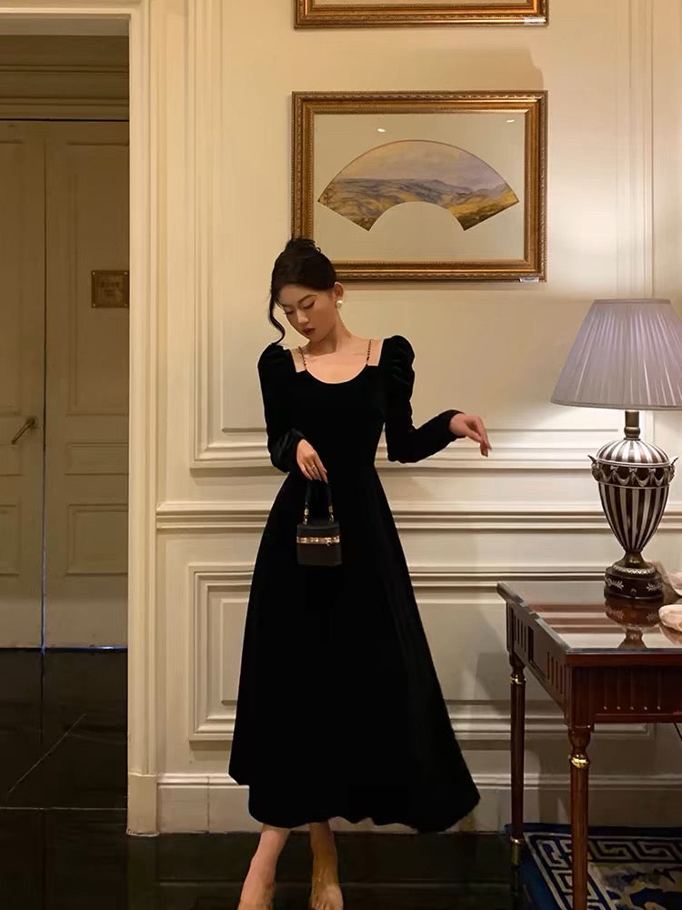 Sexy A line Straps Long Sleeves Black Velvet Prom Dresses Birthday Outfits