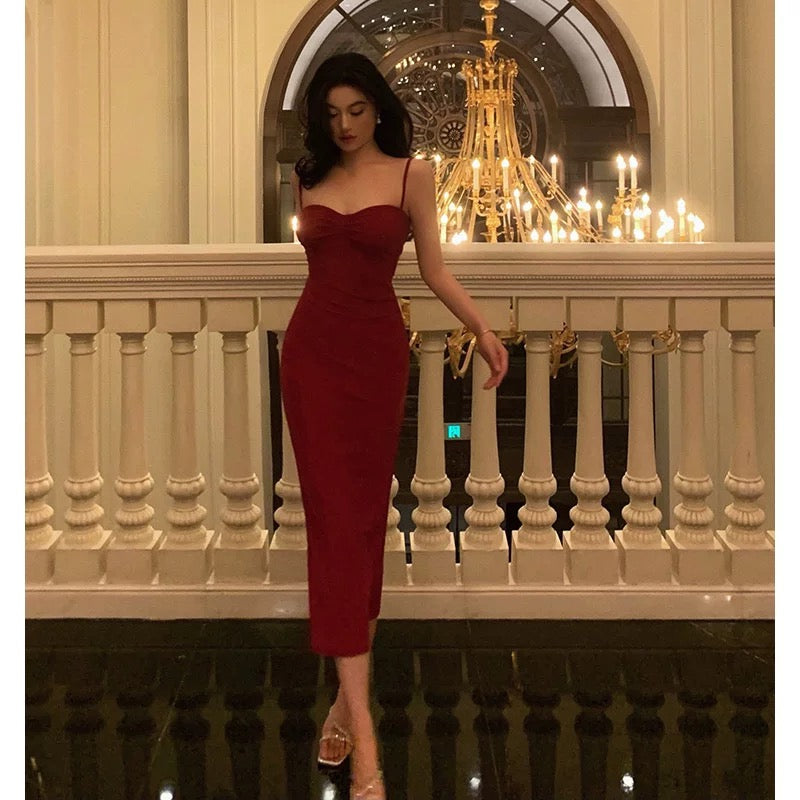 Sexy Sheath Spaghetti Straps Sleeveless Red Tea Length Prom Dresses Birthday Outfits