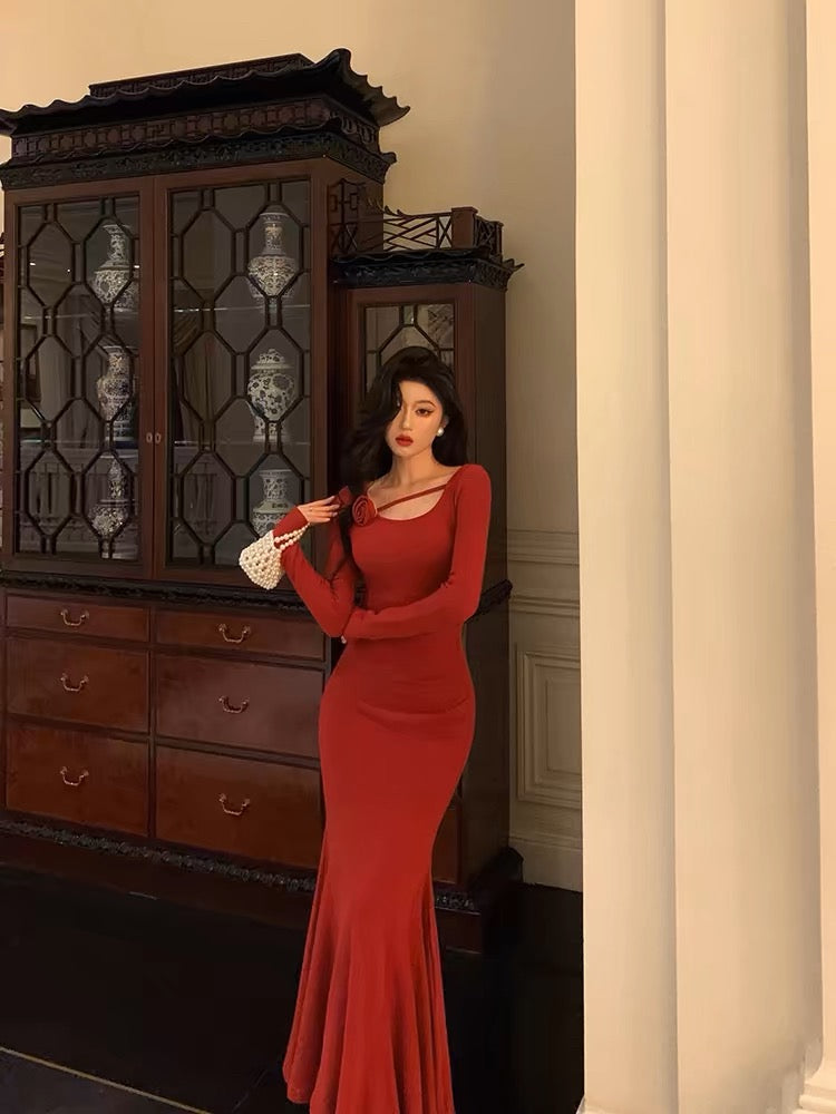 Gorgeous Mermaid Jewel Neckline Long Sleeves Date Night Dress Red Prom Dresses Birthday Outfits