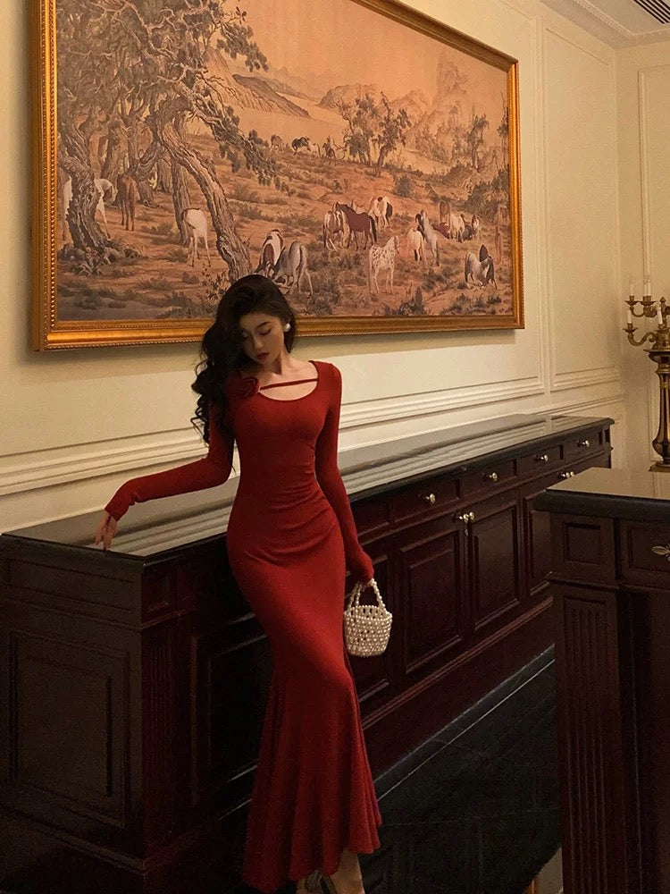 Gorgeous Mermaid Jewel Neckline Long Sleeves Date Night Dress Red Prom Dresses Birthday Outfits