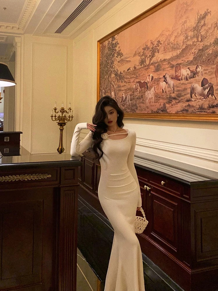 Gorgeous Mermaid Jewel Neckline Long Sleeves Date Night Dress White Prom Dresses Birthday Outfits