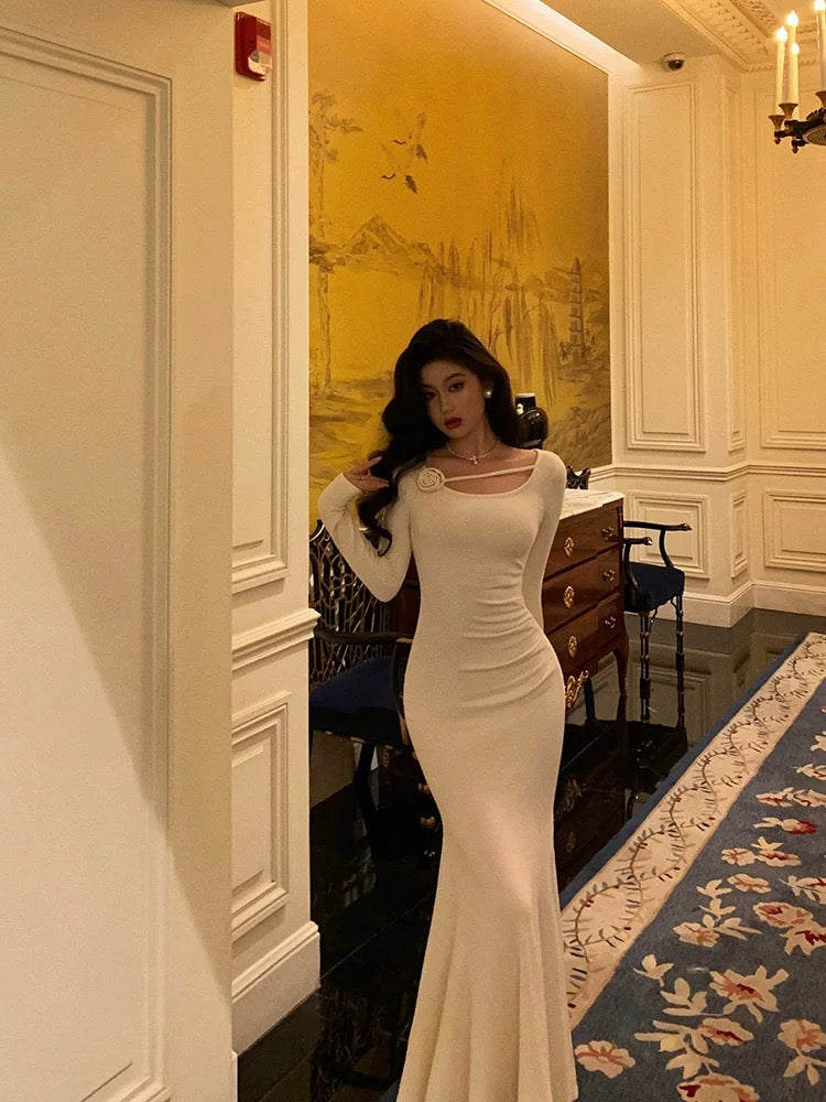 Gorgeous Mermaid Jewel Neckline Long Sleeves Date Night Dress White Prom Dresses Birthday Outfits