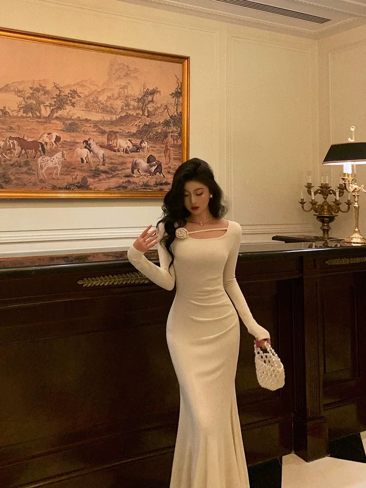Gorgeous Mermaid Jewel Neckline Long Sleeves Date Night Dress White Prom Dresses Birthday Outfits