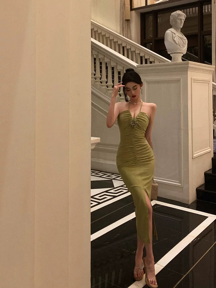 Sexy Sheath Halter Green Sleeveless Slit Tea Length Party Dresses Birthday Outfits