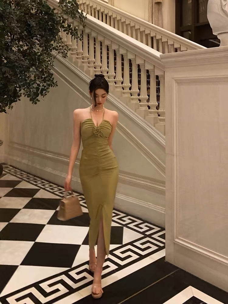Sexy Sheath Halter Green Sleeveless Slit Tea Length Party Dresses Birthday Outfits
