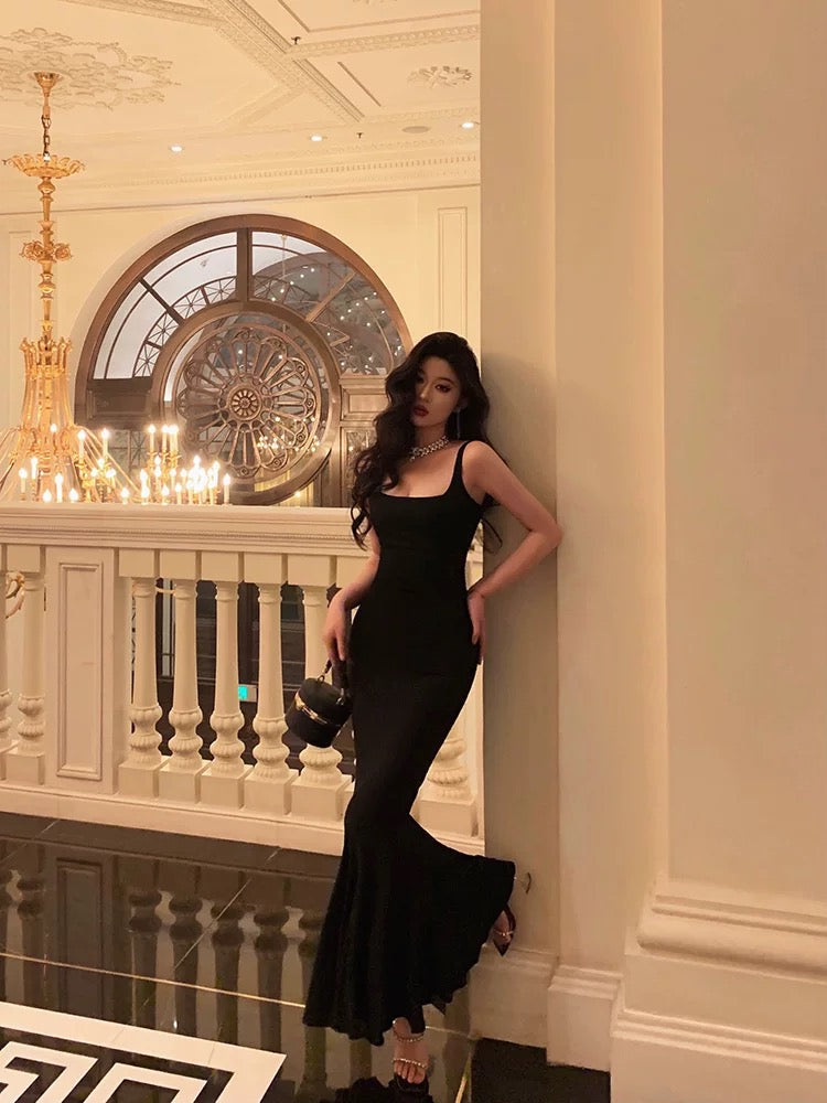 Sexy Mermaid Spaghetti Straps Black Satin Backless Prom Dresses Birthday Outfits