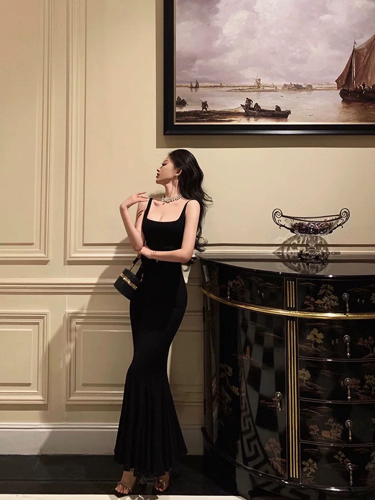 Sexy Mermaid Spaghetti Straps Black Satin Backless Prom Dresses Birthday Outfits