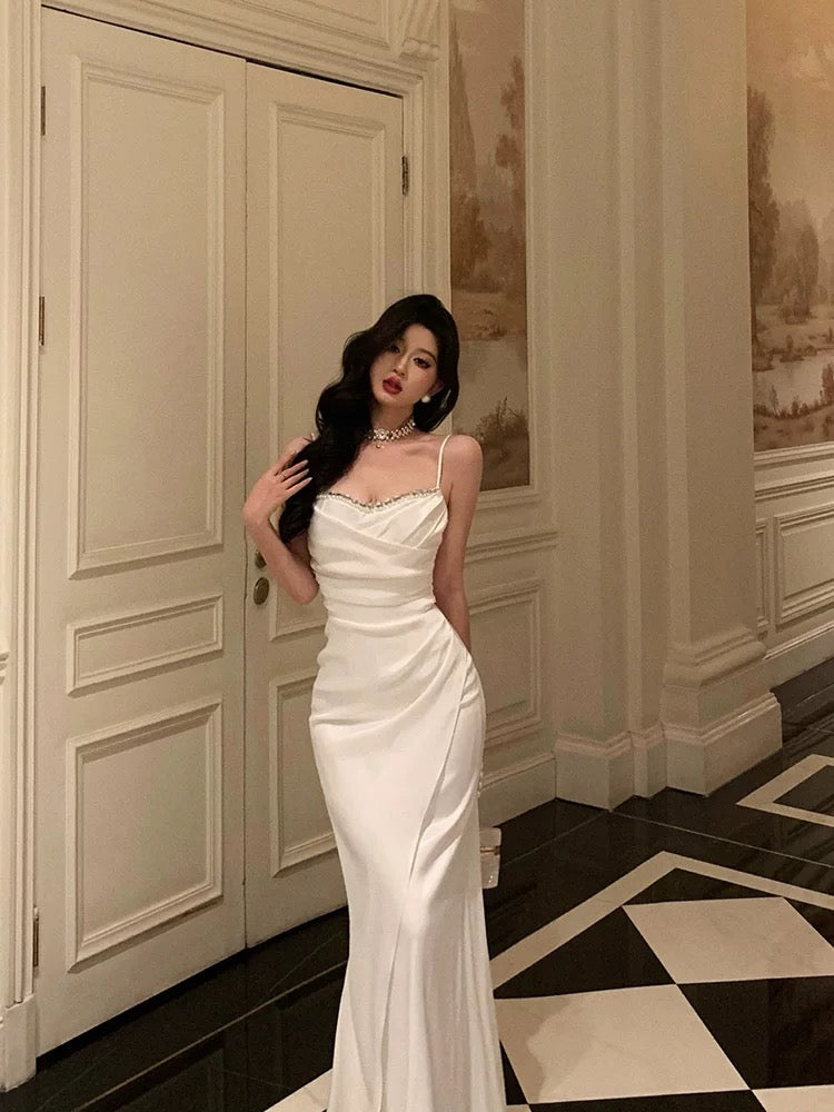 Sexy Mermaid Spaghetti Straps White Satin Slit Prom Dresses Birthday Outfits