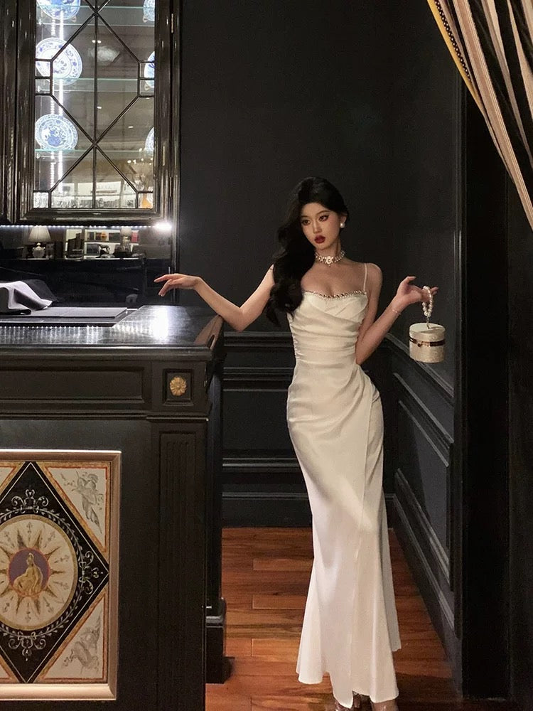 Sexy Mermaid Spaghetti Straps White Satin Slit Prom Dresses Birthday Outfits