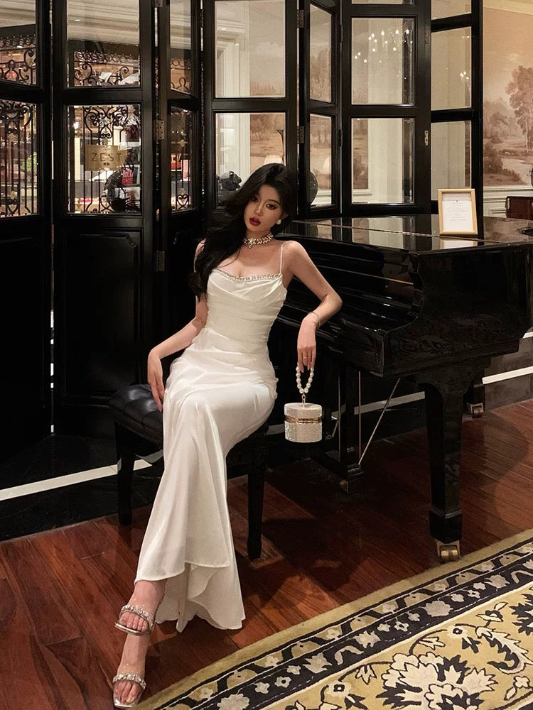 Sexy Mermaid Spaghetti Straps White Satin Slit Prom Dresses Birthday Outfits