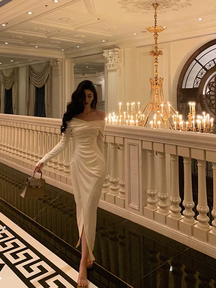 Gorgeous Mermaid Off The Shoulder Long Sleeves Date Night Dress White Prom Dresses Birthday Outfits