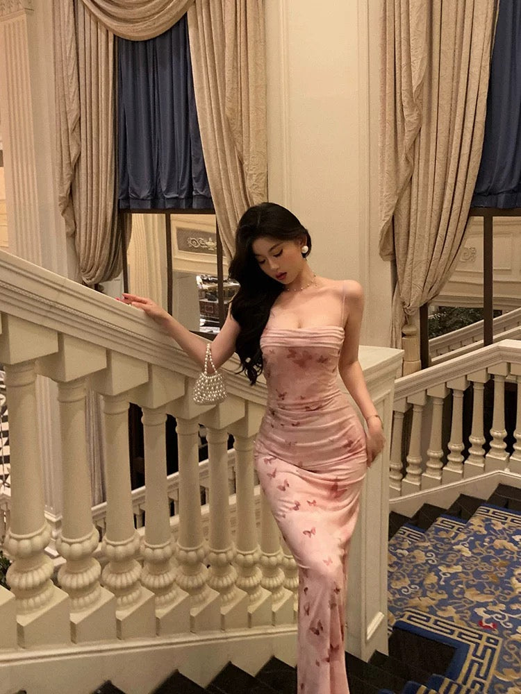 Sexy Mermaid Spaghetti Straps Floral Pink Prom Dresses Ankle Length Birthday Outfits