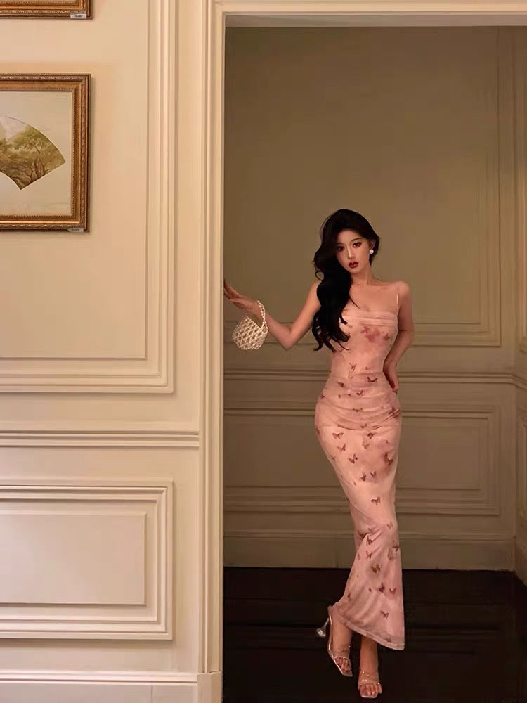 Sexy Mermaid Spaghetti Straps Floral Pink Prom Dresses Ankle Length Birthday Outfits