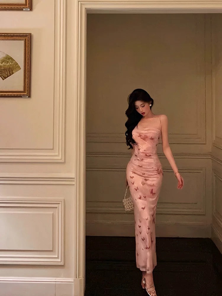 Sexy Mermaid Spaghetti Straps Floral Pink Prom Dresses Ankle Length Birthday Outfits