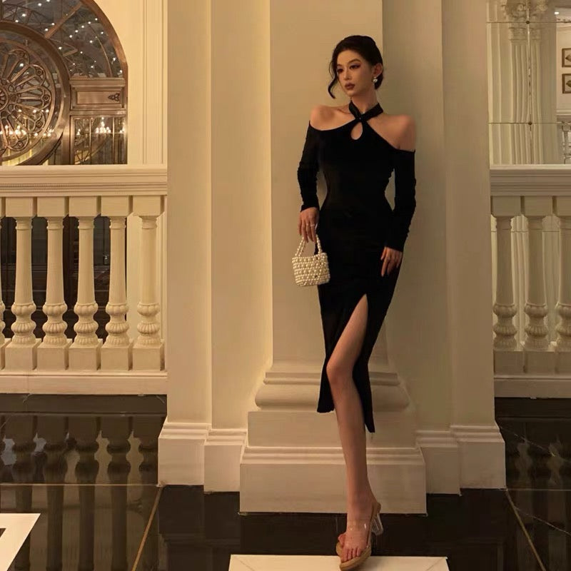 Sexy Sheath Halter Neckline Long Sleeves Black Knee Length Prom Dresses Birthday Outfits