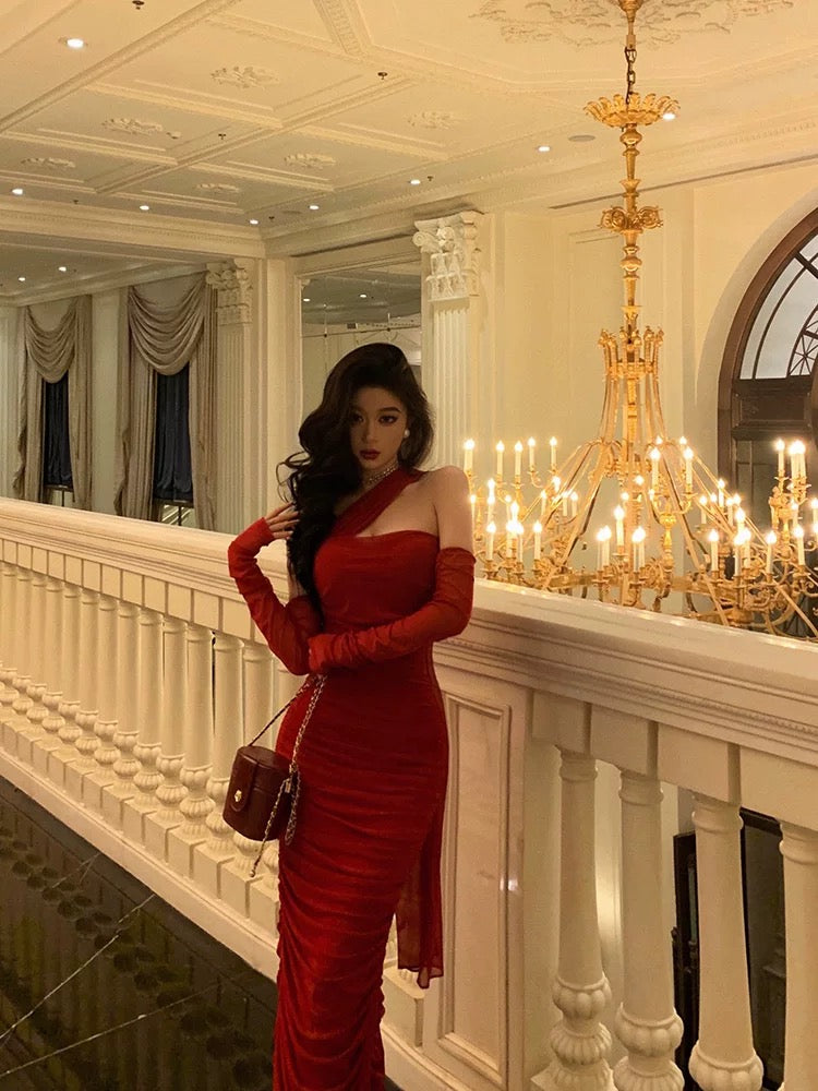Gorgeous Sheath One Shoulder Sleeveless Date Night Dress Red Ruffle Prom Dresses Birthday Outfits