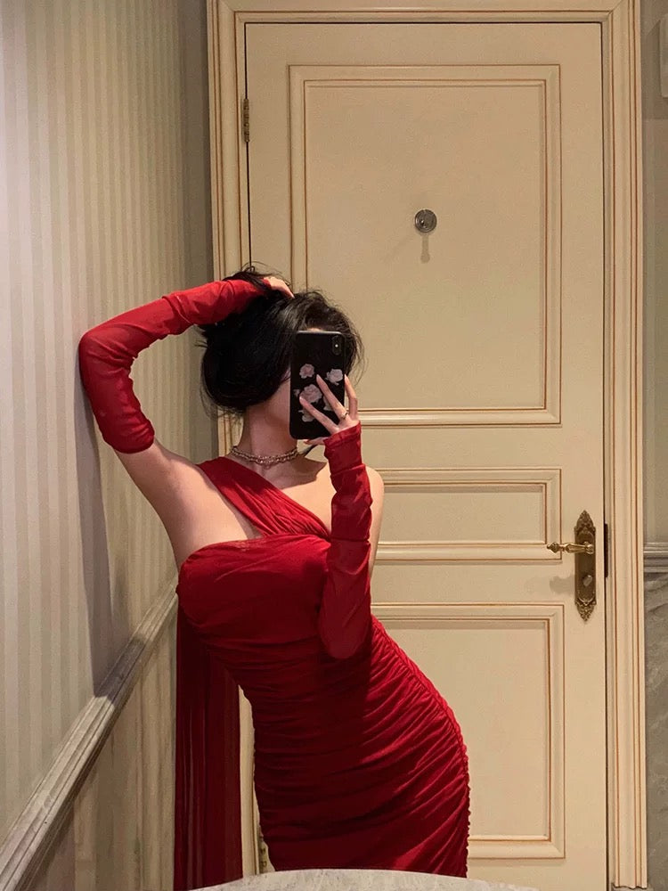 Gorgeous Sheath One Shoulder Sleeveless Date Night Dress Red Ruffle Prom Dresses Birthday Outfits