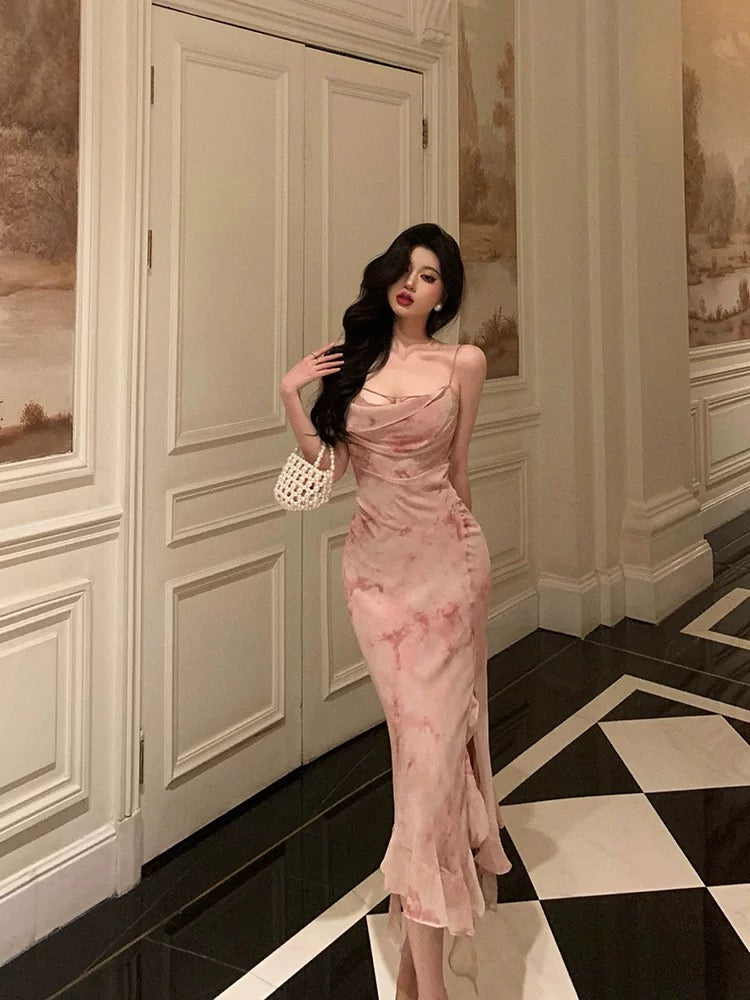Sexy Sheath Spaghetti Straps Floral Pink Prom Dresses Tea Length Birthday Outfits