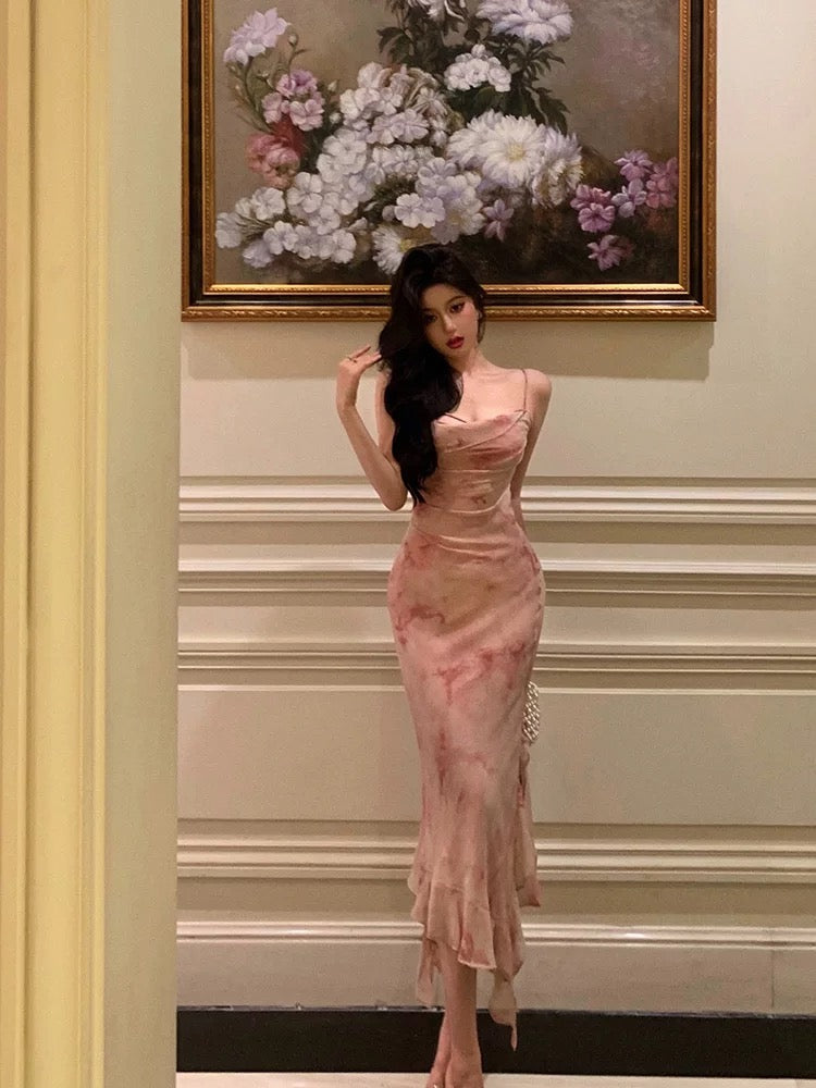 Sexy Sheath Spaghetti Straps Floral Pink Prom Dresses Tea Length Birthday Outfits