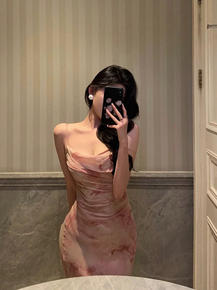 Sexy Sheath Spaghetti Straps Floral Pink Prom Dresses Tea Length Birthday Outfits