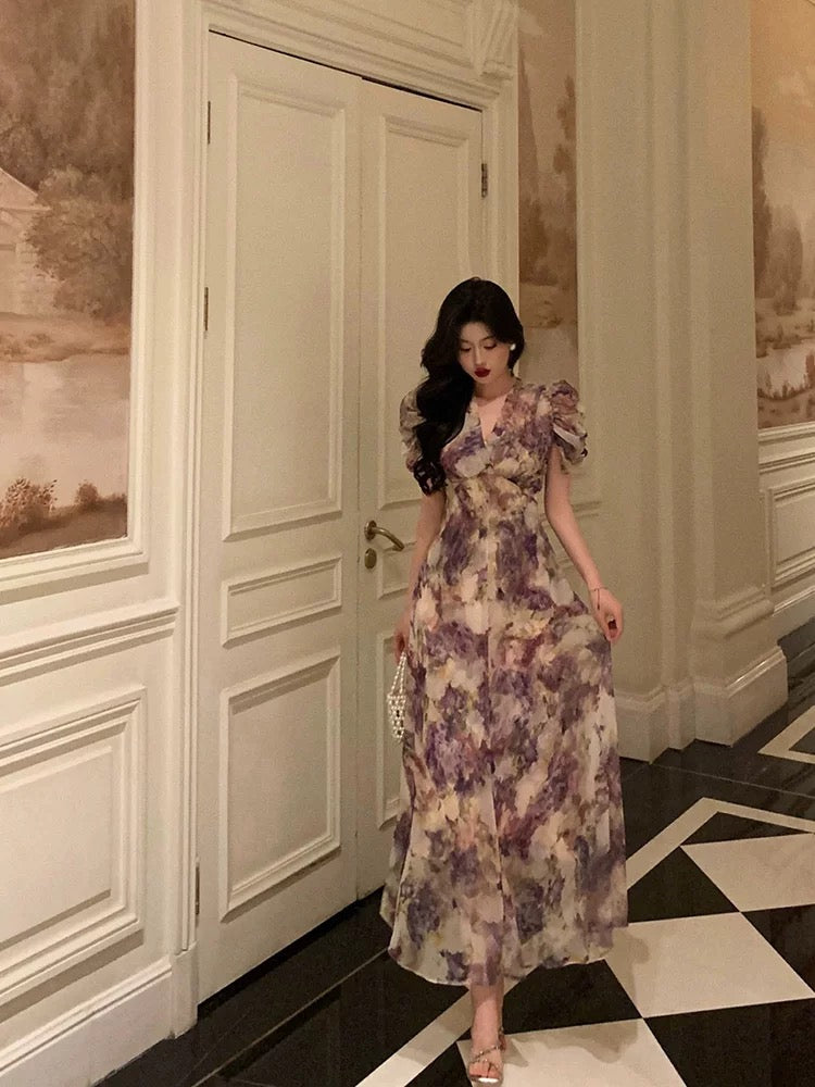 Gorgeous A line V Neckline Short Sleeves Date Night Dress Lilac Floral Prom Dresses Birthday Outfits