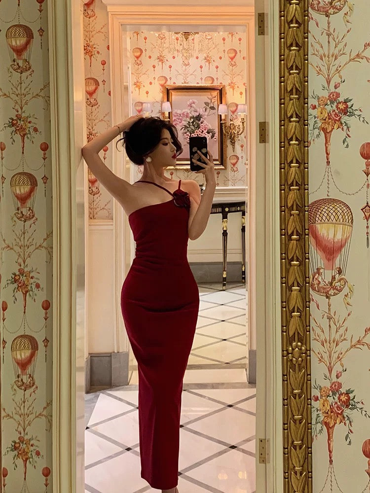 Sexy Sheath Halter Neckline Sleeveless Red Prom Dresses Birthday Outfits With Flower