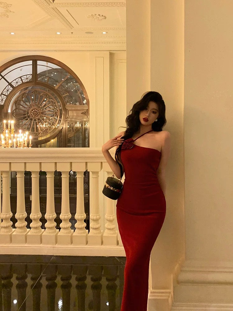 Sexy Sheath Halter Neckline Sleeveless Red Prom Dresses Birthday Outfits With Flower
