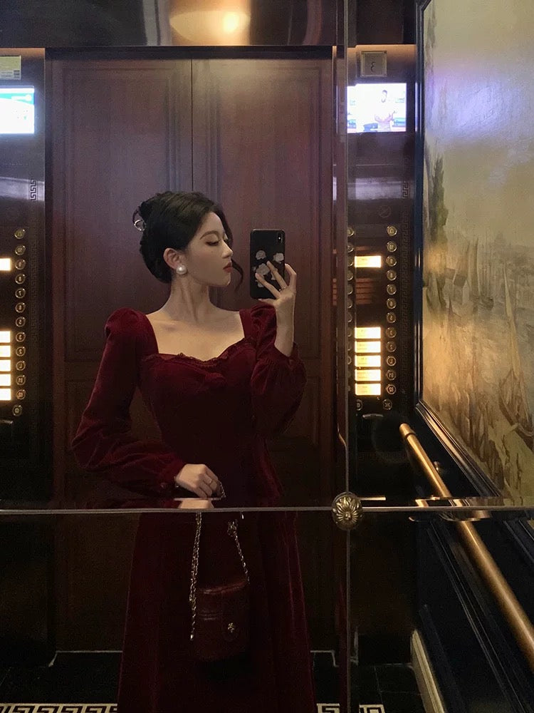 Sexy A line Square Neckline Long Sleeves Tea Length Velvet Prom Dresses Birthday Outfits