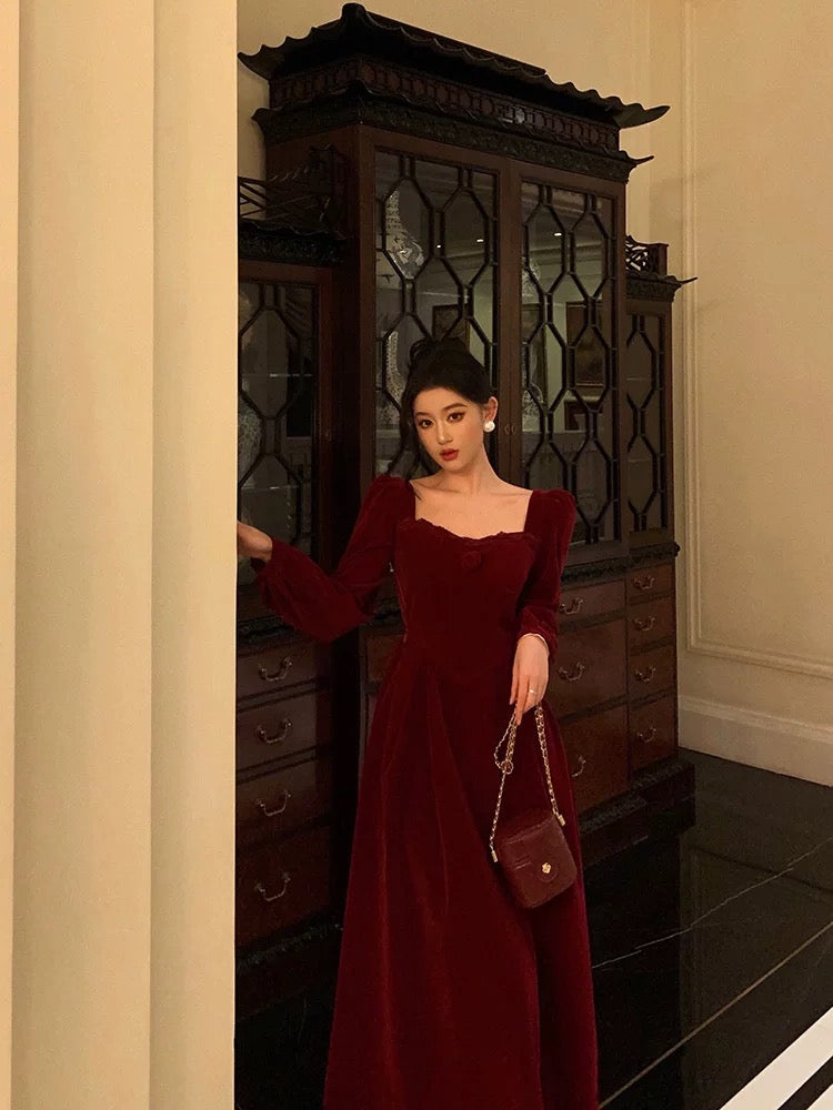 Sexy A line Square Neckline Long Sleeves Tea Length Velvet Prom Dresses Birthday Outfits