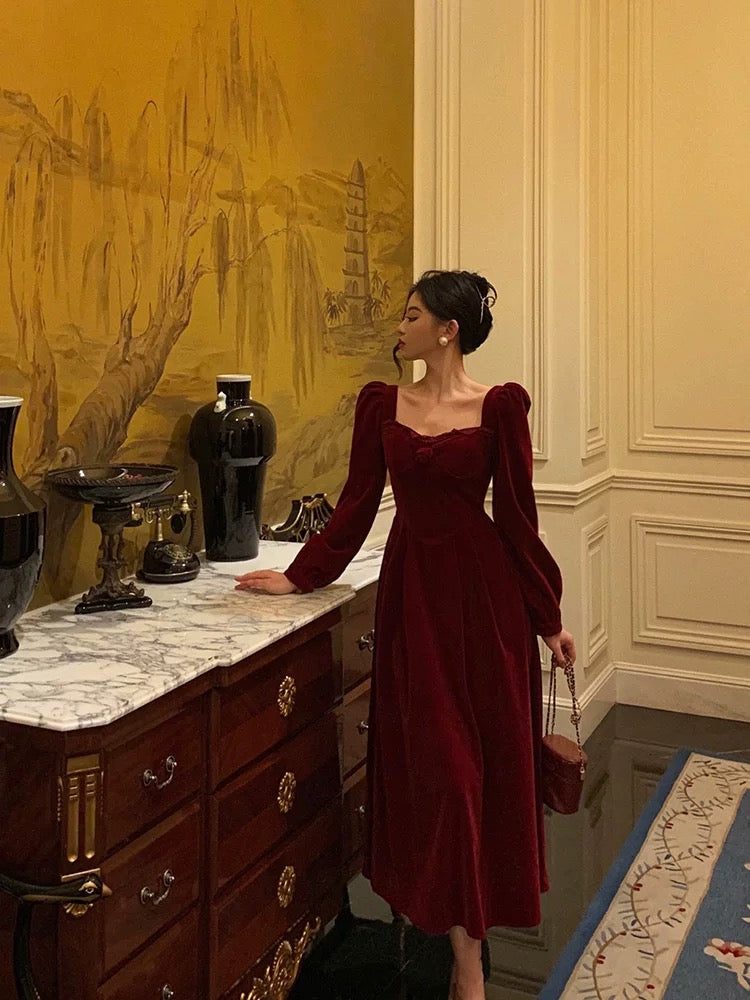 Sexy A line Square Neckline Long Sleeves Tea Length Velvet Prom Dresses Birthday Outfits