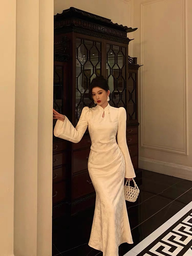 Classy Mermaid Mandarin Collar Long Sleeves White Lace Prom Dresses Birthday Outfits