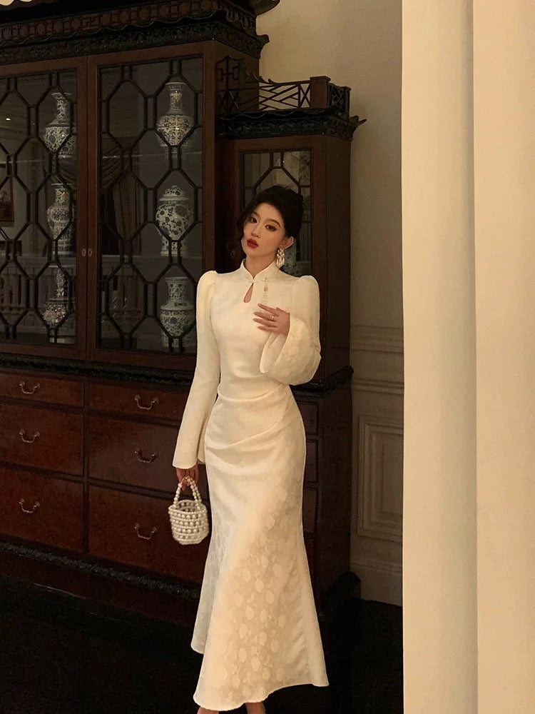 Classy Mermaid Mandarin Collar Long Sleeves White Lace Prom Dresses Birthday Outfits