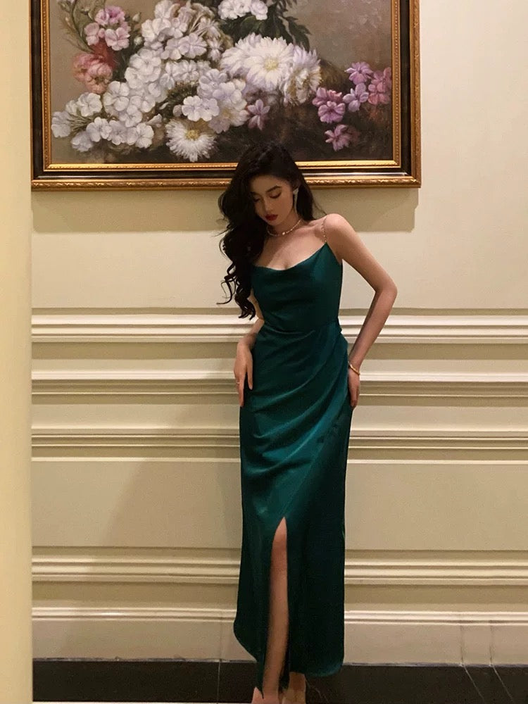 Sexy Sheath Spaghetti Straps Dark Green Satin Slit Prom Dresses Birthday Outfits