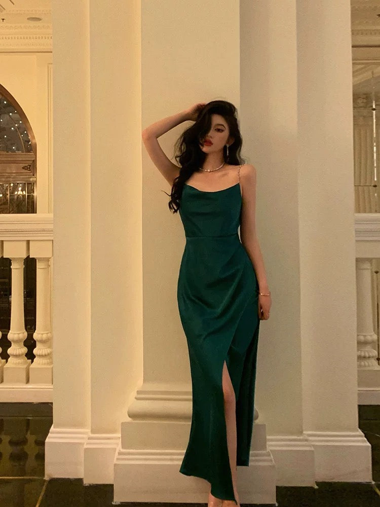 Sexy Sheath Spaghetti Straps Dark Green Satin Slit Prom Dresses Birthday Outfits