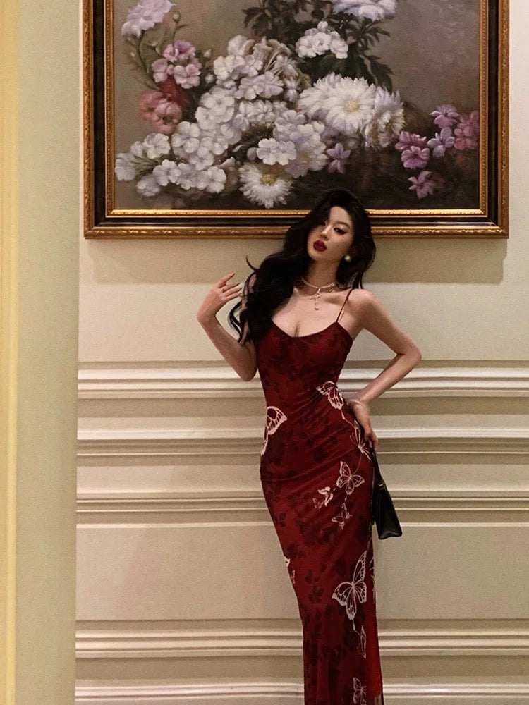 Classy Sheath Spaghetti Straps Burgundy Butterfly Prom Dresses Birthday Outfits