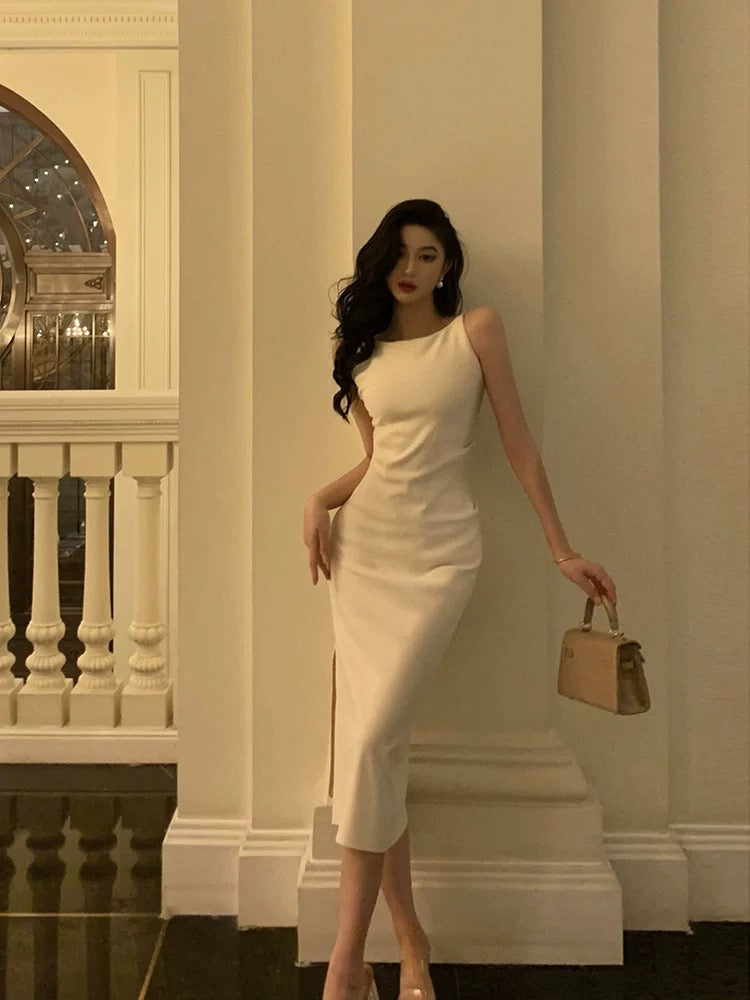 Sexy Sheath Bateau White Satin Tea Length Prom Dresses Birthday Outfits