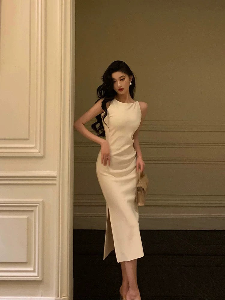 Sexy Sheath Bateau White Satin Tea Length Prom Dresses Birthday Outfits