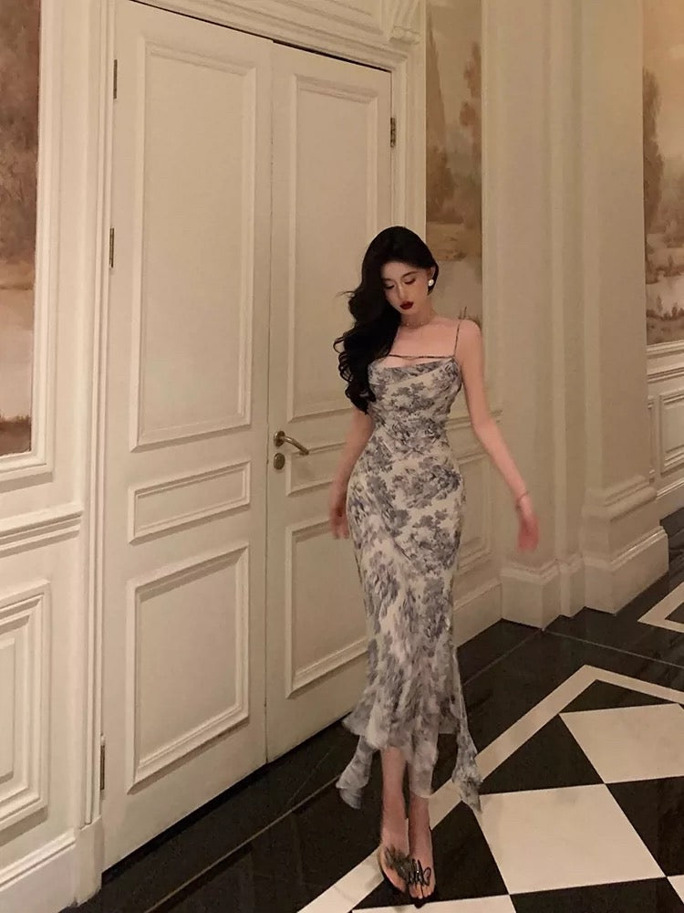 Sexy Sheath Spaghetti Straps Floral Blue Chiffon Prom Dresses Birthday Outfit