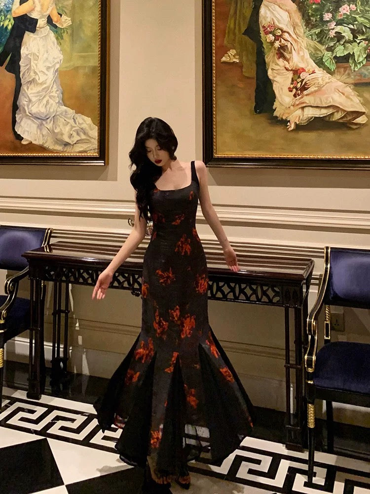 Sexy Mermaid Spaghetti Straps Floral Black Prom Dresses Birthday Outfits