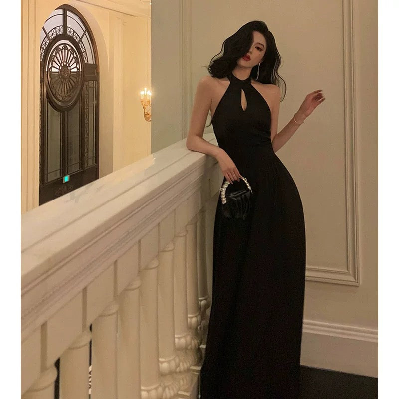 French A Line Halter Sleeveless Black Prom Dresses Birthday Outfits