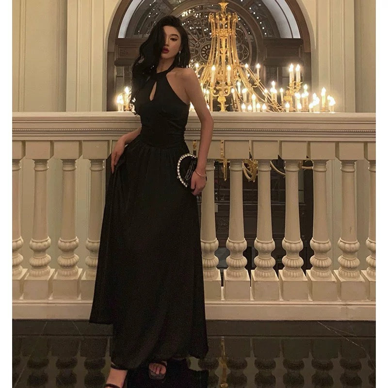 French A Line Halter Sleeveless Black Prom Dresses Birthday Outfits